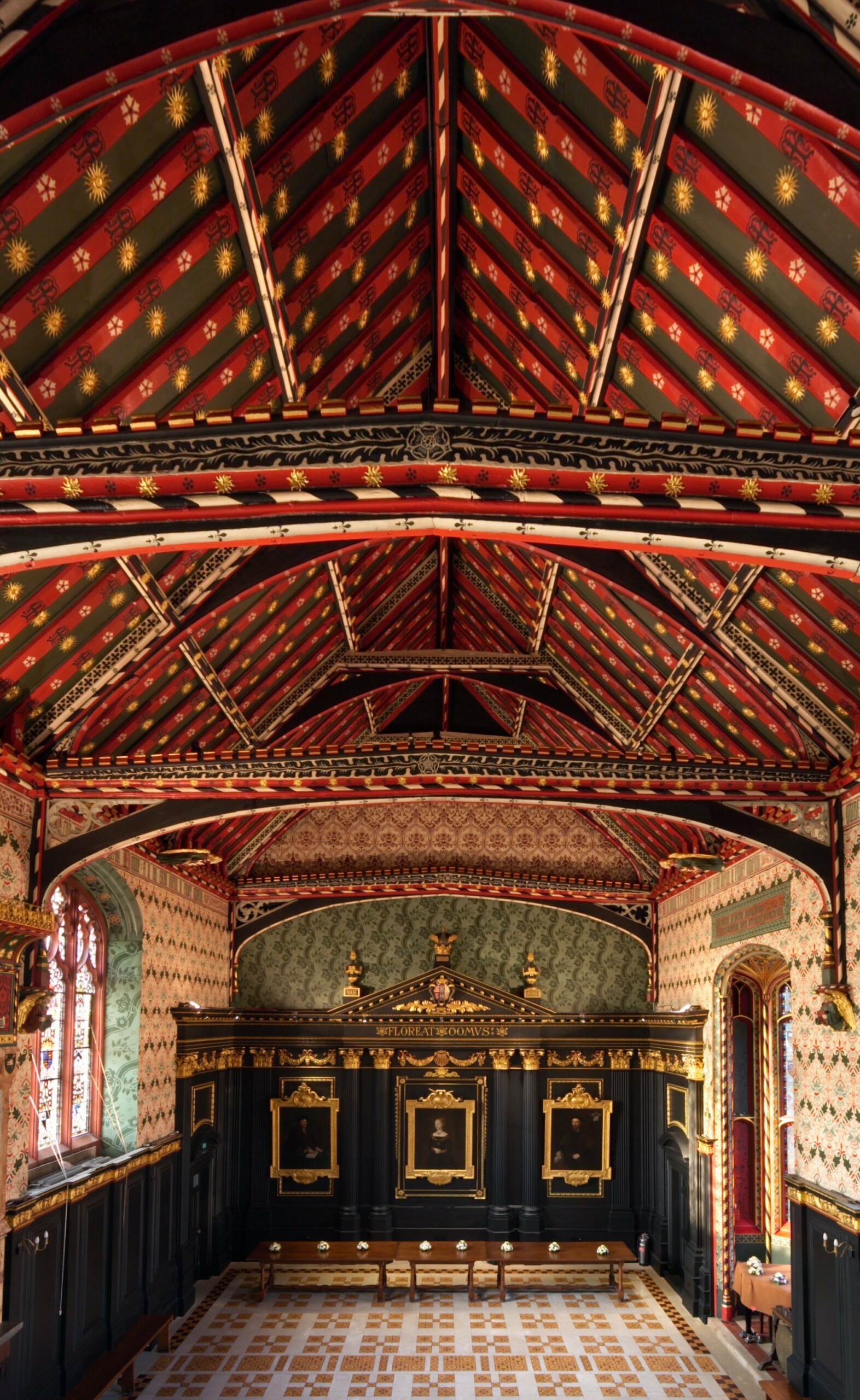 Donald Insall Associates led extensive works to refresh the 19th century decorative scheme and The Old Hall, Queens' College Cambridge