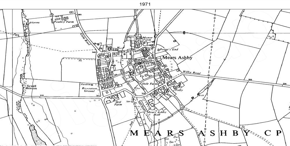 Ordnance Survey map of Mears Ashby, Northants showing peripheral expansion and infill development to the north and west of the historic village centre, 1971.