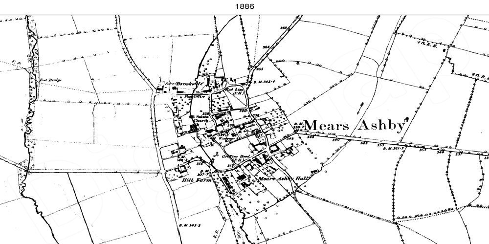 Ordnance Survey map of Mears Ashby showing impact of late-19th century development in Mears Ashby, 1886.