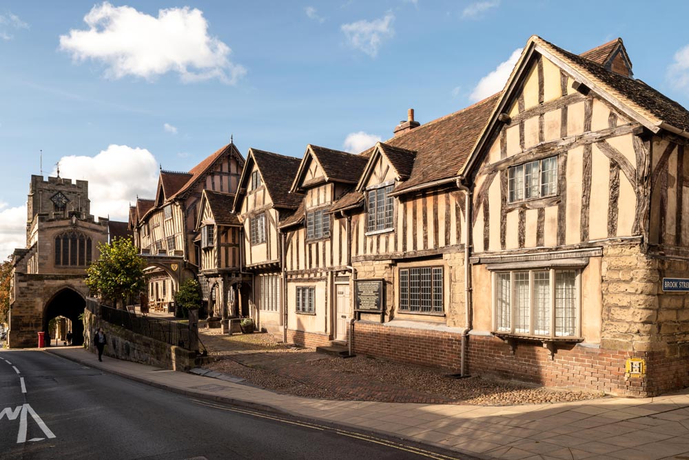 The facade of Lord Leycester Hospital in Warwick, one of the finest examples of medieval courtyard architecture in Britain