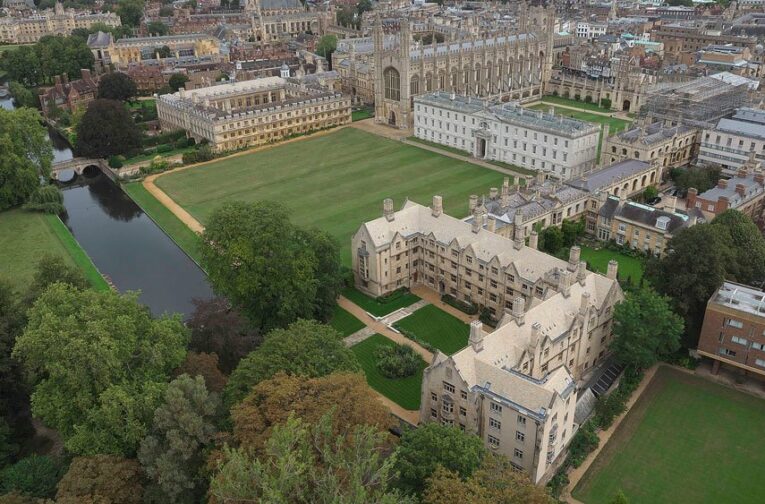 Aerial view with the skyline of Cambridge in the distance,of the three ranges of Bodley's Court, King's College
